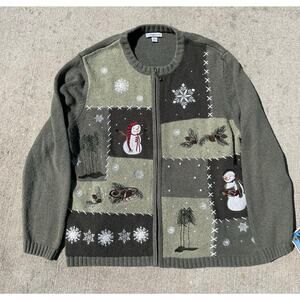 Croft & Barrow Christmas Sweater XL Snowman Holiday Zip Up Ugly Sweater